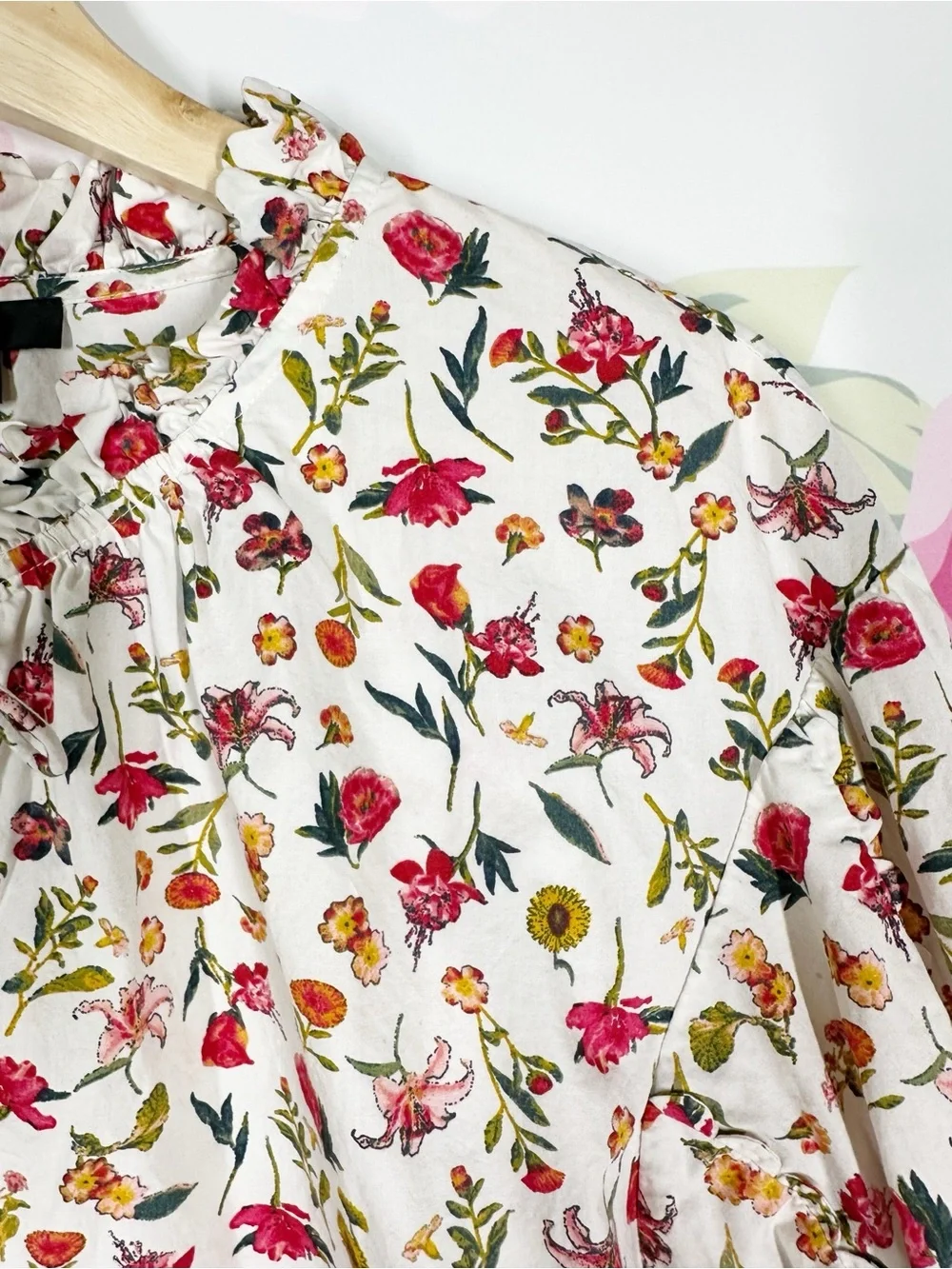 J. Crew Cream Floral Tie-Neck Blouse with Pink Yellow Blooms Top M